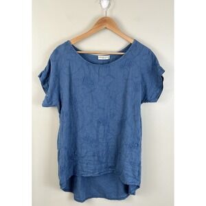 Terzo Millennio Linen Top Womens Small Blue Embroidered Hi Lo Hem Tunic Italy